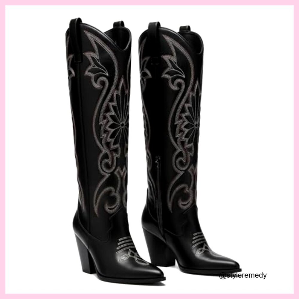 Knee High Cowgirl Boots with Embroidered Chunky Heel Western Tall Boots - Picture 4 of 7